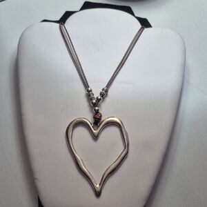 Silver Heart Pendant Necklace with Brown Cord (J48)